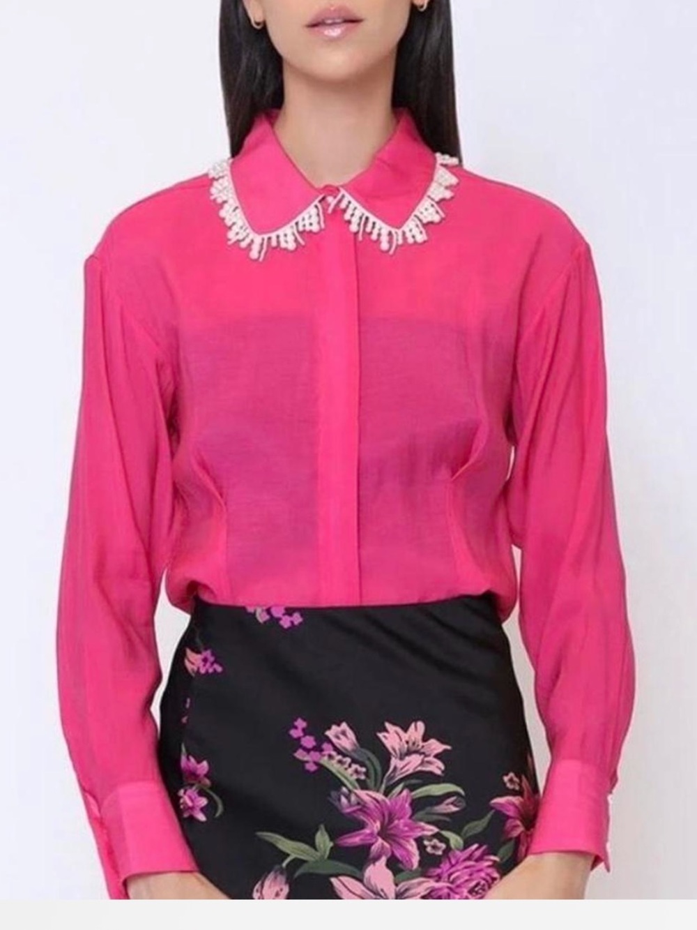 Gracia Hot Pink Button-Down Blouse with Embellished White Collar